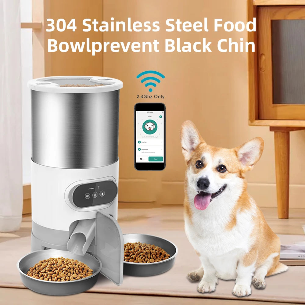 Smart Automatic Pet Feeder with App Control – Stainless Steel Bowl for Cats and Dogs, Includes Recording and Timed Feeding Features