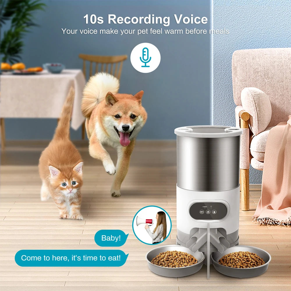 Smart Automatic Pet Feeder with App Control – Stainless Steel Bowl for Cats and Dogs, Includes Recording and Timed Feeding Features