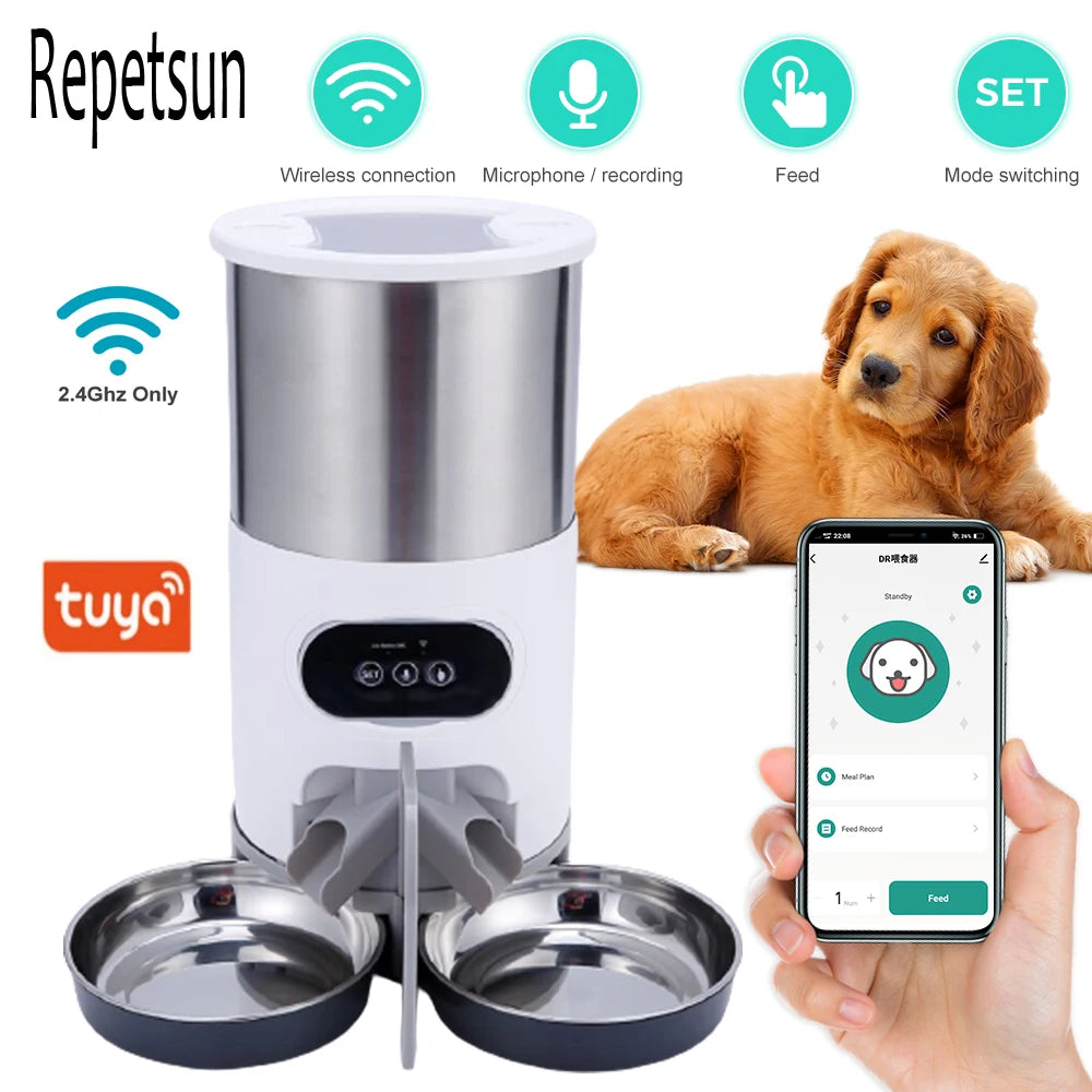 Smart Automatic Pet Feeder with App Control – Stainless Steel Bowl for Cats and Dogs, Includes Recording and Timed Feeding Features